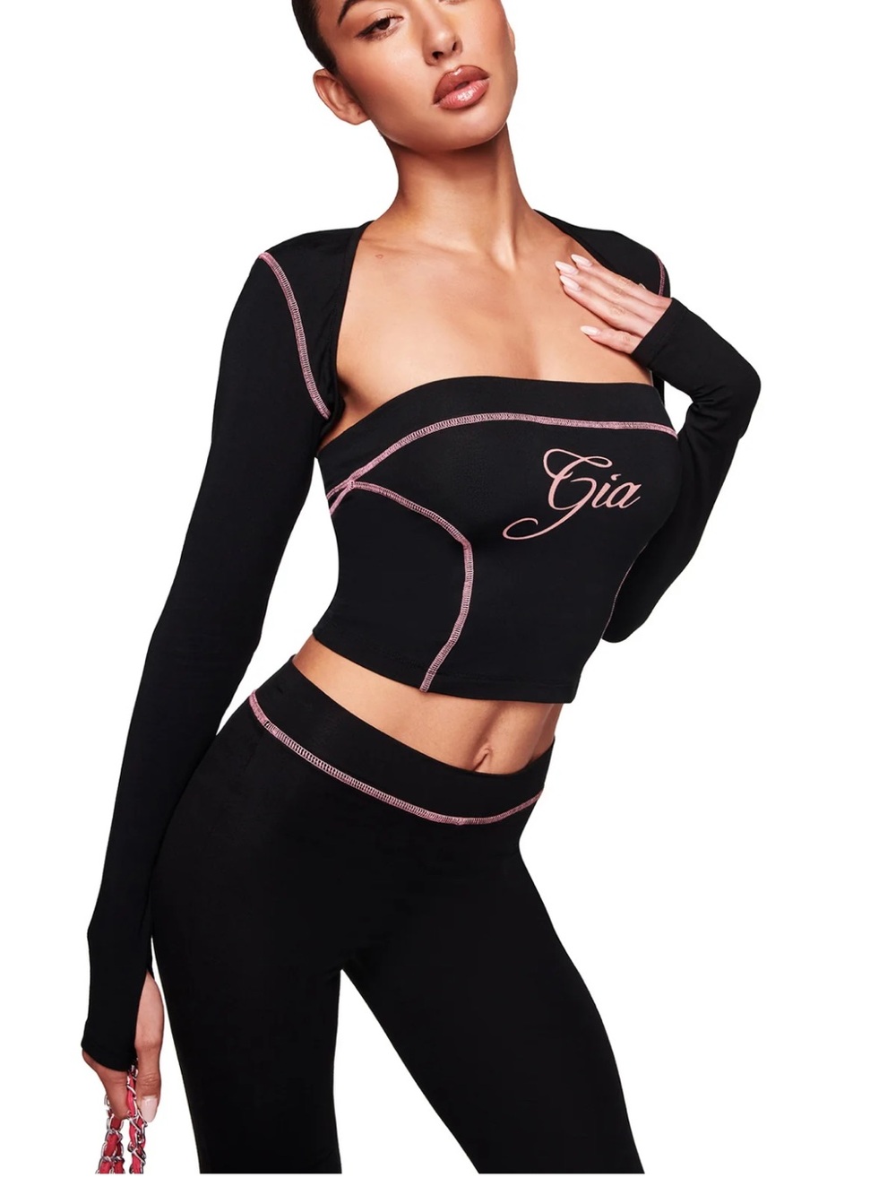 I.AM.GIA Black Blare “Boob Tube” Crop Top with Pink Stitching